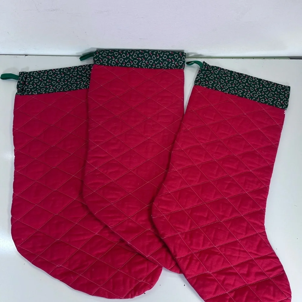 3 Large Ho Ho Ho Christmas Stocking Quilted Applique Santa Red Vintage‎ U.S.A